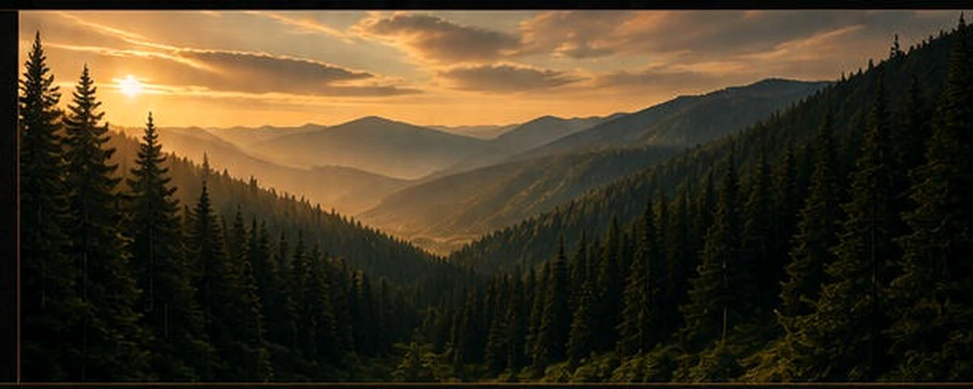 Mountain forest at sunset